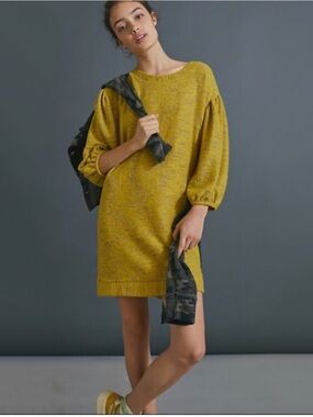 Anthropologie Saturday Sunday Lyla Cozy Tunic Dress 3/4 Puffy Knit Gold Womens S